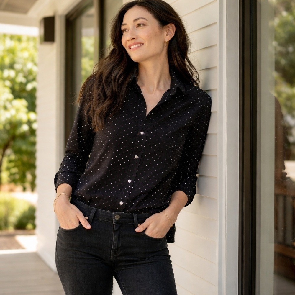 Frank & Eileen Frank Shirt Womens XS Black Polka Dot Corduroy Button Up